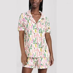 Kvinnors sömnkläder Summer Pyjama Set Lapel Neck Button Down Short Sleeve Tops Elastic Midjes Shorts Wine Bottle Print 2 Piece Lounge Outfits