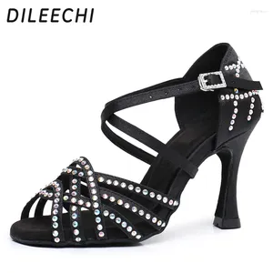 Женская танцевальная обувь DILEECHI, черные атласные туфли со стразами для сальсы, вечерние, квадратные, для бальных танцев, на каблуке 9 см, мягкая подошва