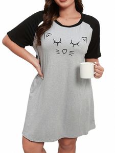 Plus Size Fi Loungewear Dr, Plus da donna Carto Cat Print Raglan Manica corta Medium Stretch Comfort Nightdr B3y0 #