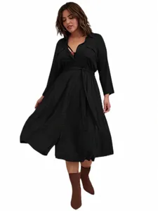plus Size Spring Autumn Elegant Pocket Frt Lg Sleeve Party Dr Women Solid Black Tie Waist Casual Dr Large Size 5XL 6XL 089f#