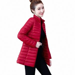 2022 Kvinnors Autumn Winter Coat New Solid Light Weight Down Padded Jacket Stand Collar Slim Female Mid LG Outerwear Casual Tops I6DO#