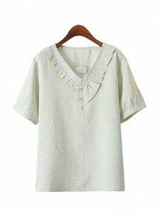 Plus-storlek Kvinnokläder Kortärmad T-shirt V-Neck-skjorta med rufsad spetshalsning Plädig fast färg N-stretch tunna toppar O2WI#