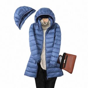 hoody Lg White Duck Down Coat Autumn Winter Portable Hooded Puffer Down Jacket Women Casual Double Zipper Windproof Thin Light D0CP#