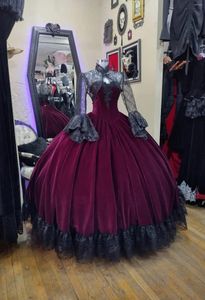 Festklänningar golvlängd gotisk prom klänning vinröd och svart lång speciellt tillfälle spets ärmar korsett aftonklänning för kvinnor