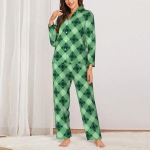 Casa roupas verde geo impressão pijamas outono abstrato quadrados casual solto oversized pijamas conjunto feminino manga longa romântico diário