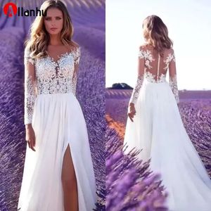 Gowns Sheer Long Sleeve Vintage Lace Wedding Dresses Jewel Neck High Thigh Split Side Summer Beach Bridal Gowns Vestido De Novia BA