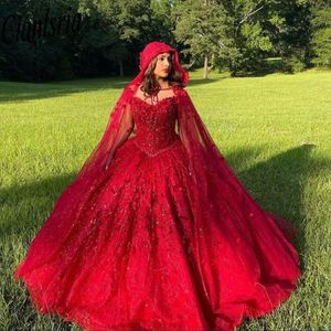 Red Quinceanera klänningar med Cape Flowers Sweetheart Sweet 15 Girls Princess Dress Vestidos de Quincea Era 2022 Estidos Para 15 E326U