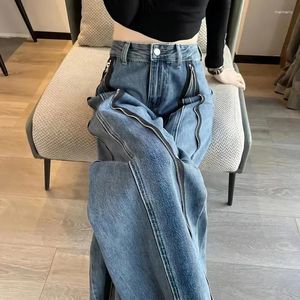 Kvinnors jeans gidyq vintage blixtlås bred ben kvinnor vår höst hög midja bantning jean byxor koreanska lösa drapera raka byxor