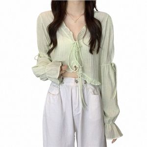 Sweet Ruffle Lace Up Cardigan Women Summer LG Sleeve Sunscreen Jacka Woman Candy-Color Chiff Crop Tops E0fe#