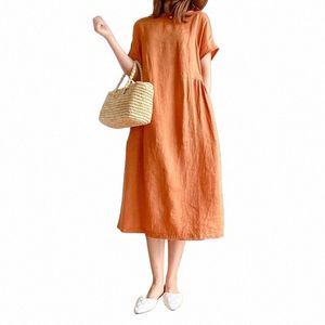 Orange Casual Solid Chic O-hals Kort ärm Loose Pullover Women's Dr Korean Fi Mid-Calf Dres for Women 2024 Spring I8i4#