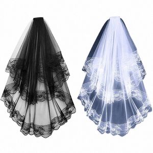 black White Lace Bridal Veils With Comb Short Two Layer Wedding Veils For Bride Cosplay Wedding Dr Costume Hair Accories c49F#