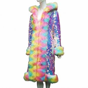 new Fi cute women Colorful Faux fox fur rainbow Sequined hood Nightclub lg coat jacket Stage party s y7xg#
