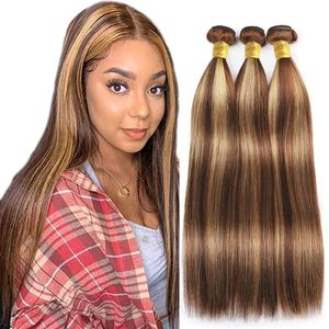 Markera P4/27 hårbrasilianska remy hårvävor Remy Human Hair Grade obearbetat Virgin Hair Straight Blonde Bunds for Women