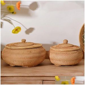 Storage Bags Baskets Big Natural Rattan Box With Lid Handmade Wicker Tray Desktop Decoration Food Bread Fruit Basket Kitchen Organizer Otj5T