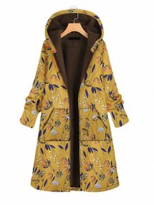 Fitshinling Print Floral Winter Damski Zimny ​​płaszcz Pluszowy ciepły lg wierzchnia wierzchnia 2023 NOWOŚĆ In Fi LG z kapturem kurtki dla kobiet K63i#