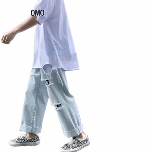 Calças de brim rasgadas de alta rua calças masculinas calças hip hop calças de perna larga verão fino secti em linha reta solta casual calças de perna larga o7wa #