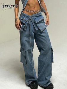 Jeans femininos weekeep chique multi-bolso retalhos baggy streetwear y2k solto baixo aumento carga denim calças estilo coreano harajuku mãe