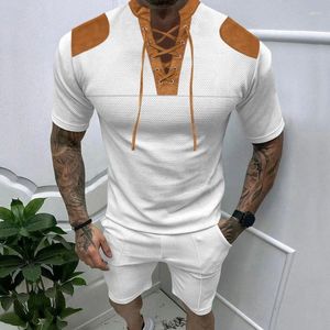 Męskie dresy, zwykłe sznurka V Neck Henley koszulki męskie dwupoziomowe garnitury Letnie waflowe topy i spodenki krótkie