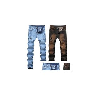 Jeans masculinos s masculino motociclista alta qaity zíper designer impresso quebrado tamanho grande calças retas streetwear gota entrega vestuário vestuário dhniy