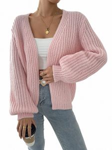 Autunno Inverno New Fi Donna Cardigan lavorato a maglia allentato Hot Pink Lantern Sleeve Capispalla casual Cappotto maglione tinta unita 23tE #
