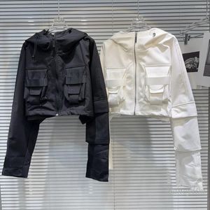 Women's Jackets 2024 Spring Hooded Coat For Women Street Work Large Pocket Design Short Zipper Jacket White Black