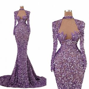 new Fi Mermaid Evening Dres Sheer High Neck Lg Sleeves Gowns Sequins Beads Sweep Train Dr Vestidos De Gala Mujer Q8vz#