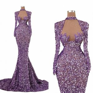 Nuova serata di Mermaid Dres Sheer High Neck Lg Maniche abiti paillettes perle Sweep Train Dr Vestidos de Gala Mujer Q8vz#