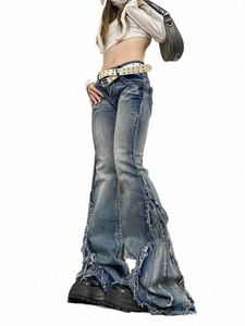Högkvalitativ American Vintage Clothes Raw Edge Design FLAGE Jeans för kvinnor Patchwork Autumn Low-Rise Wed Denim Y2K Pants 41xx#