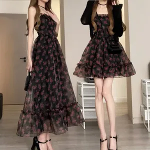 Casual Dresses Print Tulle Floral Temperamental Dress for Women Elegant Party Mini 2023 Off Shoulder Lace Up France Vintage Strap