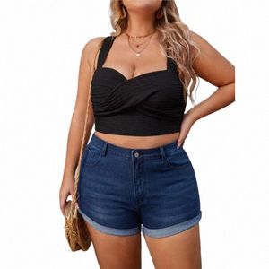 Plus Size Dark Blue Roll Up Short Jeans 4XL Summer Women High midja stretchig mager manschetterade heta denims shorts byxor c3wa#