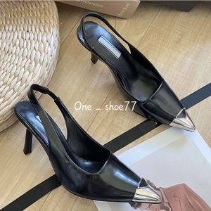 Sommer-Damen-High-Heels-Designer-Sandalen, formelle Schuhe, wunderschönes echtes Dreiecksleder, Etikett mit dünnem Absatz, echtes Markenleder