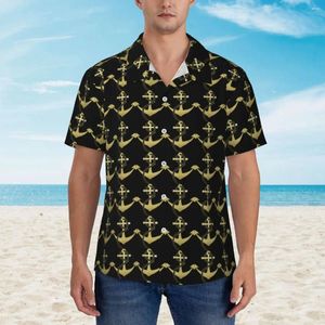 Freizeithemden für Herren, Hawaii-Hemd, Strand- und Nautikblusen, goldfarbener Anker-Aufdruck, klassische Herren-Kurzarm-Tops aus koreanischer Mode