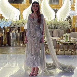 Sharon Said Bling Gray Mermaid Arabic Evening Dress with Cape Luxury Feather Dubai Formal Dresses for Women Wedding Party SS279 240328