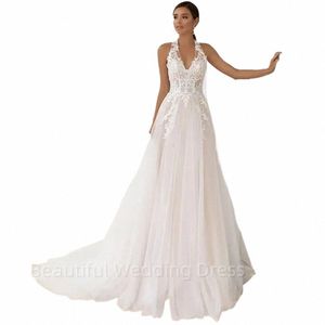 خمر الأنيقة Halter Neck Wedding Dr Lace Lace Backl Tulle A Line Dontrodal Robe Vestidos de Novia P7CQ#