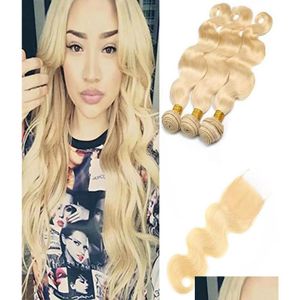 Ludzkie wątki włosów z zamknięciem Malezji nieprzetworzona fala ciała 3 wiązki 4x4 koronki 613 Blonde Virgin Extensions Produkowanie Produkcja OT9ys