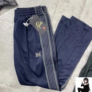 Men's Pants Y2K BOOT-CUT Needles Track Men Women High Quality Poly Smooth Butterfly Logo Knitted Purple Stripe Trousers