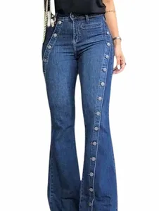 Kvinnors plus -storlek vanlig rumpa dekor flare ben lg denim byxor flare jeans kvinnlig hög midja botten bred ben jeans c95l#
