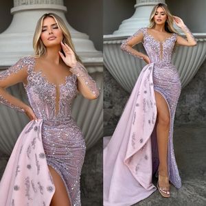 Stunning pink Mermaid Evening Dresses with overskirts beaded appliqued illusion long sleeves Prom Dress split Formal dresses for special occasion