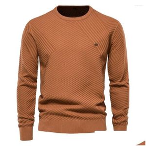 Mens Sweaters Solid Color Cotton Sweater Striped O-Neck Knitted Plover For Men Casual High Quality Winter Drop Delivery Apparel Clothi Dhewf