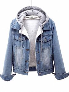 fleece Warm Winter Jean Jacket Female Pockets Butt Soft Hooded Warm Outerwear Fi Slim Denim Coats For Women h6NT#