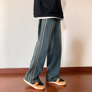Jeans da uomo in stile americano stile Hong Kong High Street personalità retrò effetto invecchiato design con giunture a tre barre, tubo dritto lavato primaverile e autunnale