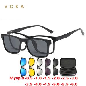 VCKA 6 In 1 Polarized Myopia Sunglasses Men Women Magnetic Clip On Glasses TR90 Optical Prescription Eyeglass Frame -0.5 to-10 240325