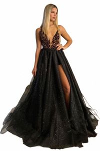 sequined Evening Dres Tulle Deep V Neckline Spaghetti Strap A Line Hi-lo Frt Slit Prom Gowns Women Formal Party Custom made v024#
