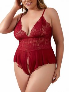 Plus Size Sexy Bodysuit Damen Plus Floral Jacquard Semi Sheer Crotchl Sexy Teddy Nachtwäsche Nachtwäsche Babydoll K6aV #