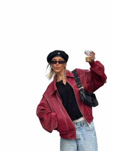 women Red Lapel Zipper Leather Cropped Coat Casual Lg Sleeve Patchwork Pocket Jacket 2023 Autumn Fi New Female Streetwear 3124#