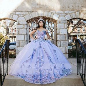 Abito stile Quinceanera viola chiaro 2021 con spalle scoperte Appliques paillettes Fiocco da principessa dolce 16 abito da ballo abiti da 15 A os303t