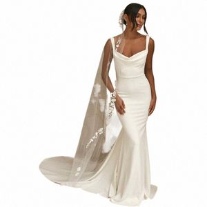Elegant Mermaid Wedding Dres Women 2024 Open Back Spaghetti Straps Satin Simple Bridal Clows Sweep Train Vestidos de Noiva G4B7#