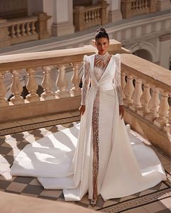 Luxury Mermaid Wedding Dress Långärmad pärlspärrad satin Hög nacke brudklänningar avtagbar tåg arabiska dubai vestidos de novia