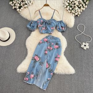 Fashion Floral Print Denim Rock Set Spaghetti Strap Crop Tops Unregelmäßige Schlank Split Sommer Frauen 2Pcs Anzüge 240319