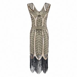 بالإضافة إلى الحجم النسائي FI 1920S Flapper Dr Vintage Great Gatsby Charlest Sequin Tassel 20S Party Dr T4gj#